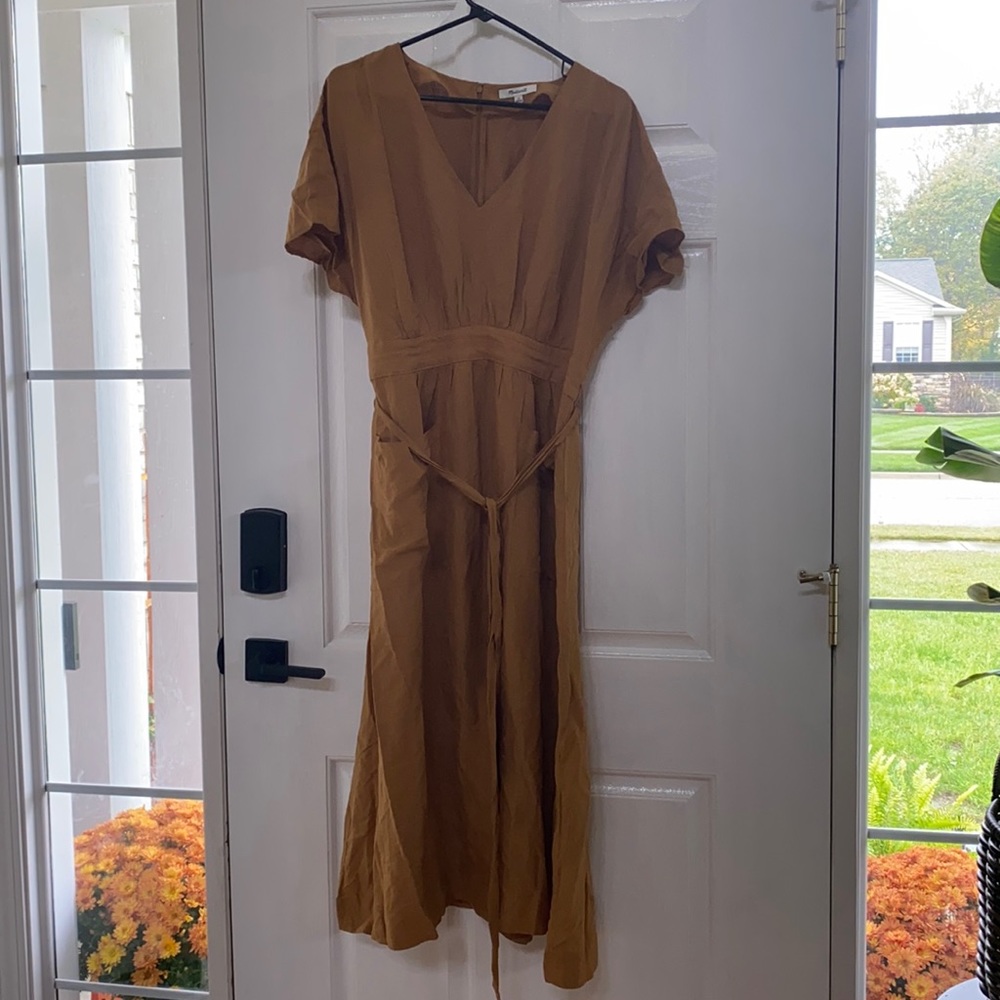 Madewell toffee linen-blend dolman sleeve tie waist midi dress